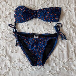 Blue Bandeau Bikini Set with Orange Leopard Print